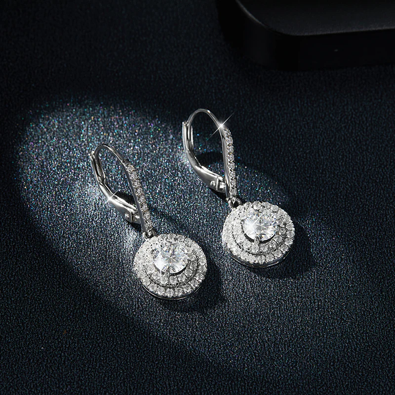 IE0150 HALO DROP MOISSANITE DIAMOND EARRINGS IN STERLING SILVER {STYLE 2} - Image 3
