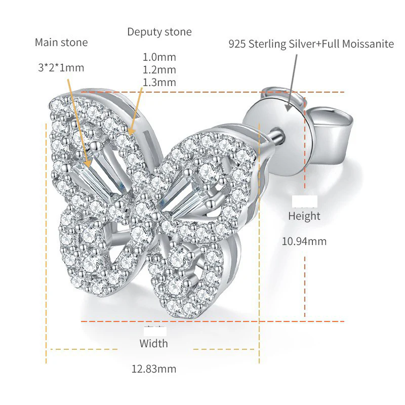 IE0151 MOISSANITE BUTTERFLY STUD EARRINGS IN STERLING SILVER - Image 5