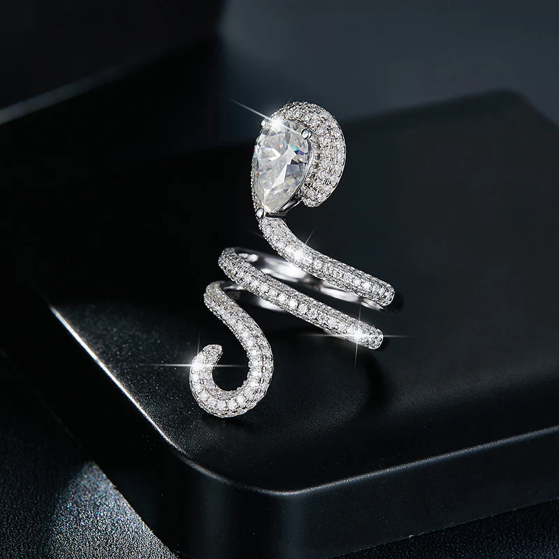 IE0247 2C PEAR CUT PYTHON LOOP MOISSANITE DIAMOND RING IN STERLING SILVER - Image 2