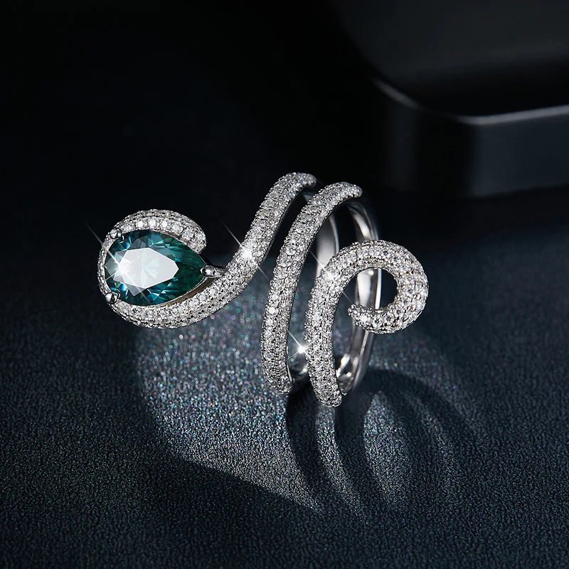 IE0247 PEAR CUT WATER DROP ICE BLUE MOISSANITE RING IN STERLING SILVER - Image 4