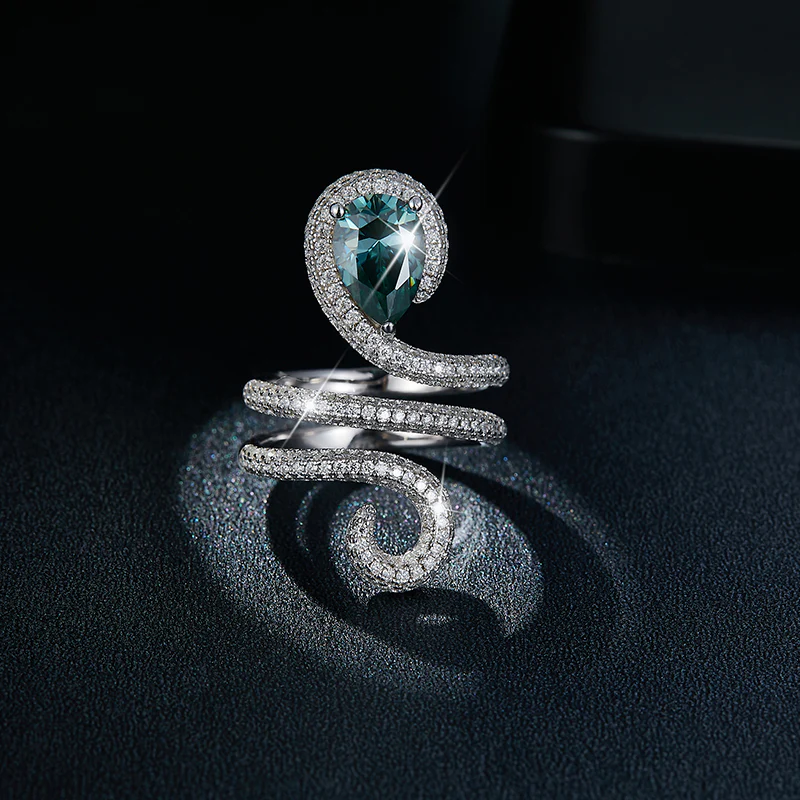 IE0247 PEAR CUT WATER DROP ICE BLUE MOISSANITE RING IN STERLING SILVER - Image 5