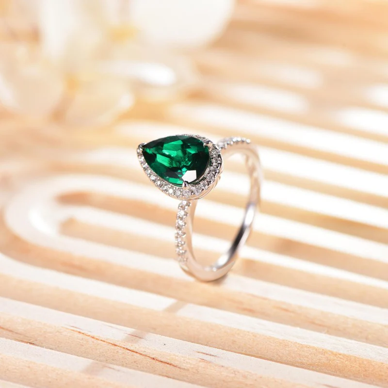 INLAID MOISSANITE EMERALD GEMSTONE PEAR CUT RING IN STERLING SILVER - Image 2