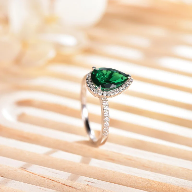 INLAID MOISSANITE EMERALD GEMSTONE PEAR CUT RING IN STERLING SILVER - Image 5