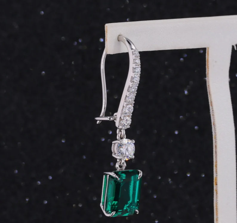 LAB GROWN EMERALD WITH MOISSANITE DROP DANGLE EARRINGS IN 14K GOLD - Image 3
