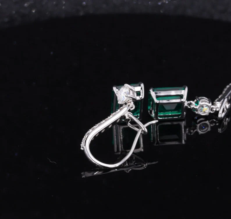 LAB GROWN EMERALD WITH MOISSANITE DROP DANGLE EARRINGS IN 14K GOLD - Image 4