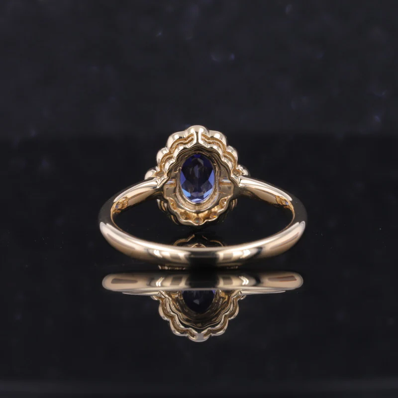 LAB GROWN OVAL CUT SAPPHIRE WITH MOISSANITE HALO RING IN 9K/10K/14K/18K SOLID GOLD - Image 4