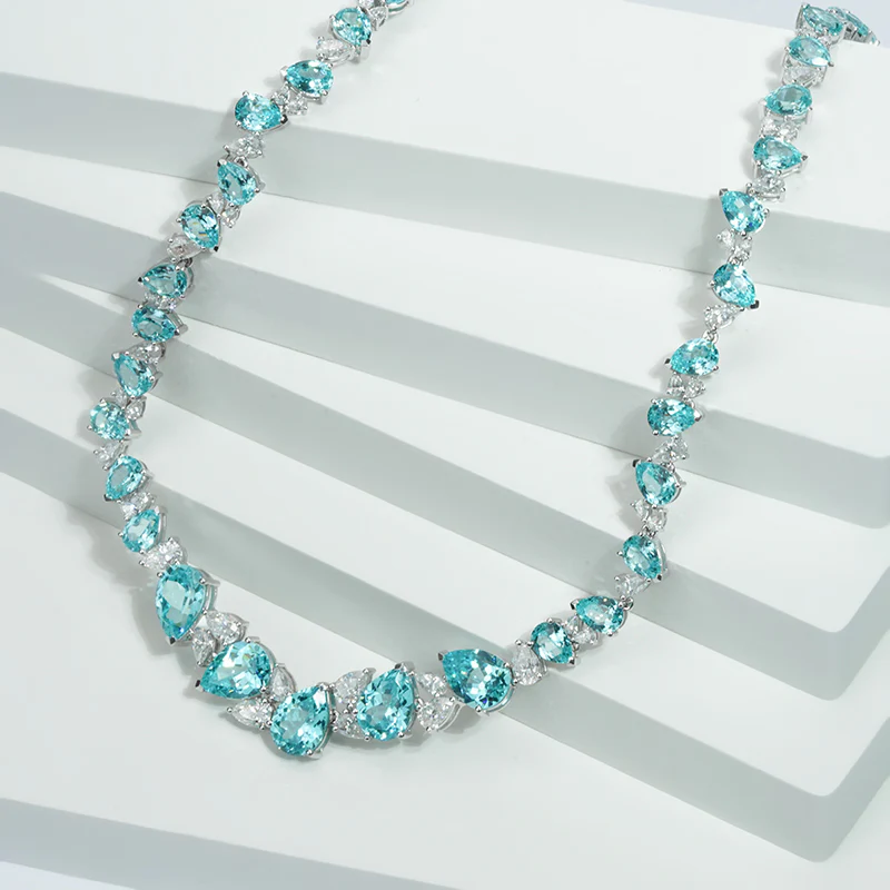 LAB GROWN PARAIBA SAPPHIRE AND MOISSANITE NECKLACE IN 14K SOLID GOLD - Image 4