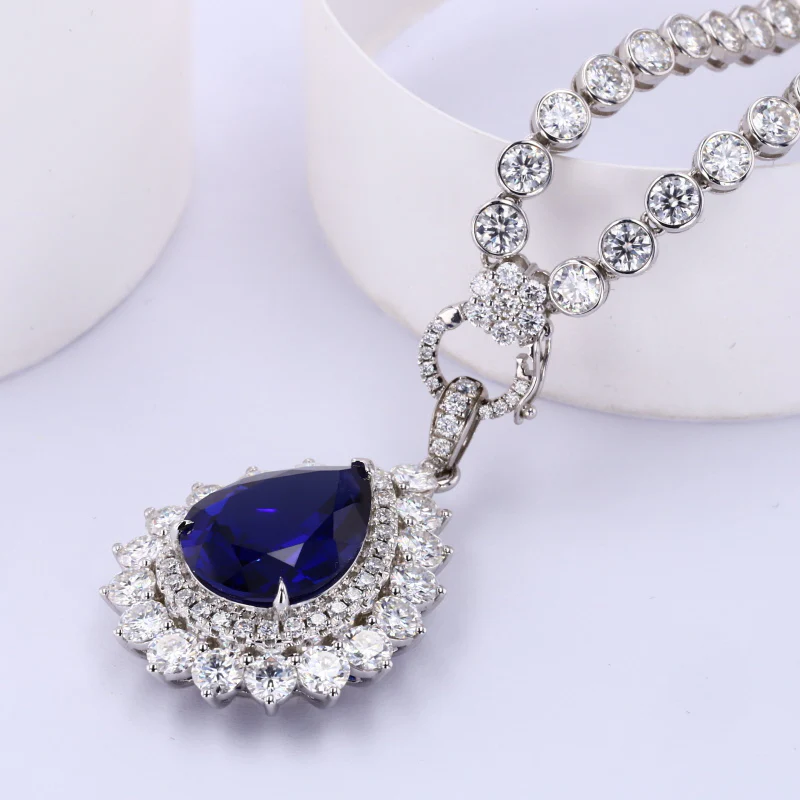 LAB GROWN ROYAL BLUE SAPPHIRE AND MOISSANITE PENDANT TENNIS CHAIN NECKLACE IN 9K SOLID GOLD - Image 3