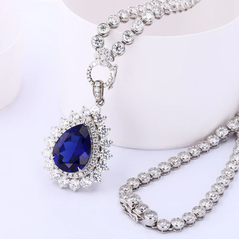 LAB GROWN ROYAL BLUE SAPPHIRE AND MOISSANITE PENDANT TENNIS CHAIN NECKLACE IN 9K SOLID GOLD - Image 4