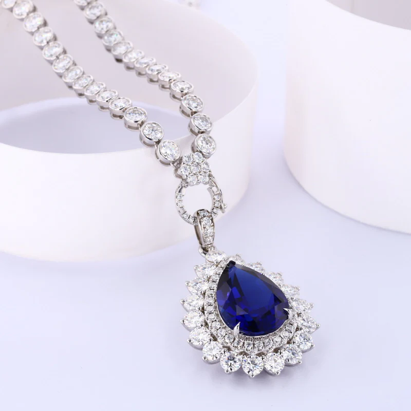 LAB GROWN ROYAL BLUE SAPPHIRE AND MOISSANITE PENDANT TENNIS CHAIN NECKLACE IN 9K SOLID GOLD - Image 5