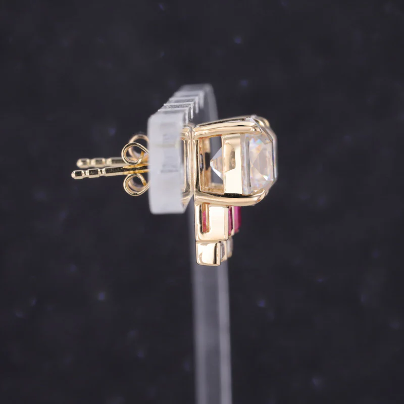 LAB GROWN RUBY WITH MOISSANITE DIAMOND STUD EARRINGS IN 9K SOLID GOLD - Image 4