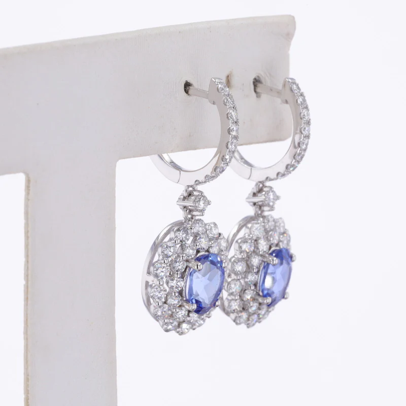 LAB GROWN SAPPHIRE WITH MOISSANITE HALO DANGLE DROP EARRINGS IN 14K GOLD - Image 3