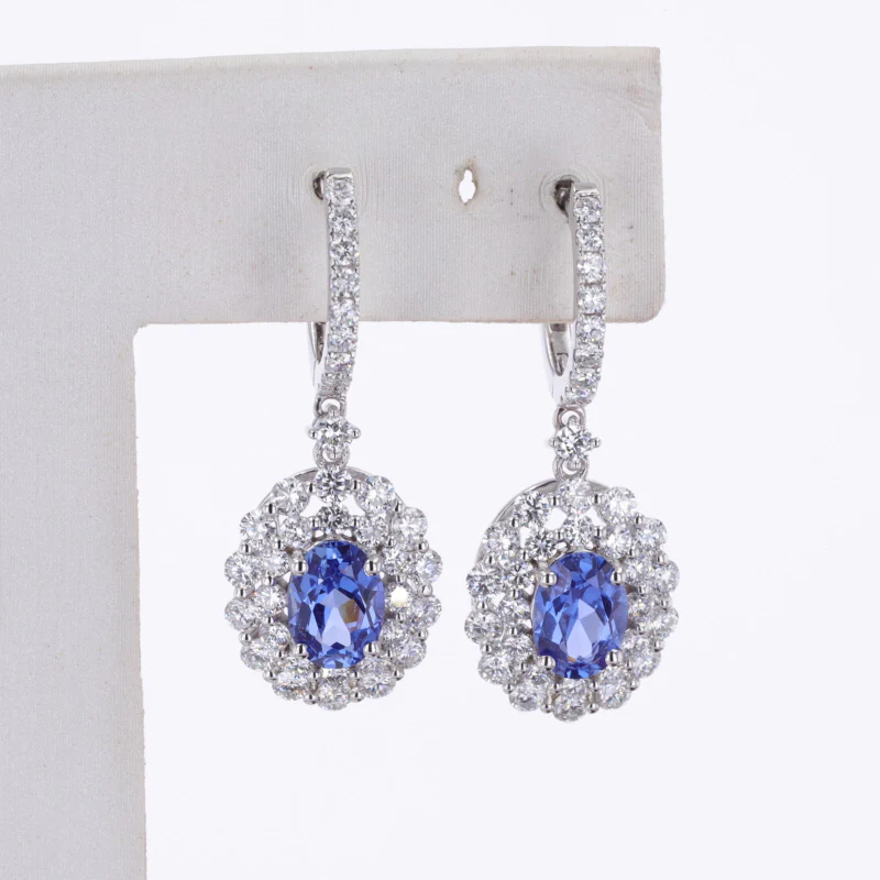 LAB GROWN SAPPHIRE WITH MOISSANITE HALO DANGLE DROP EARRINGS IN 14K GOLD - Image 4