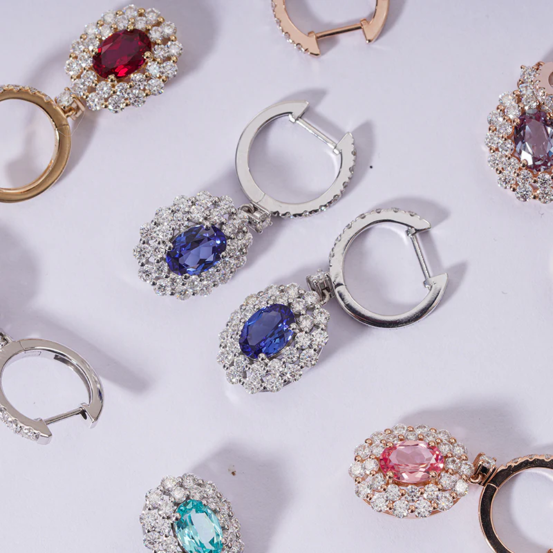 LAB GROWN SAPPHIRE WITH MOISSANITE HALO DANGLE DROP EARRINGS IN 14K GOLD - Image 5