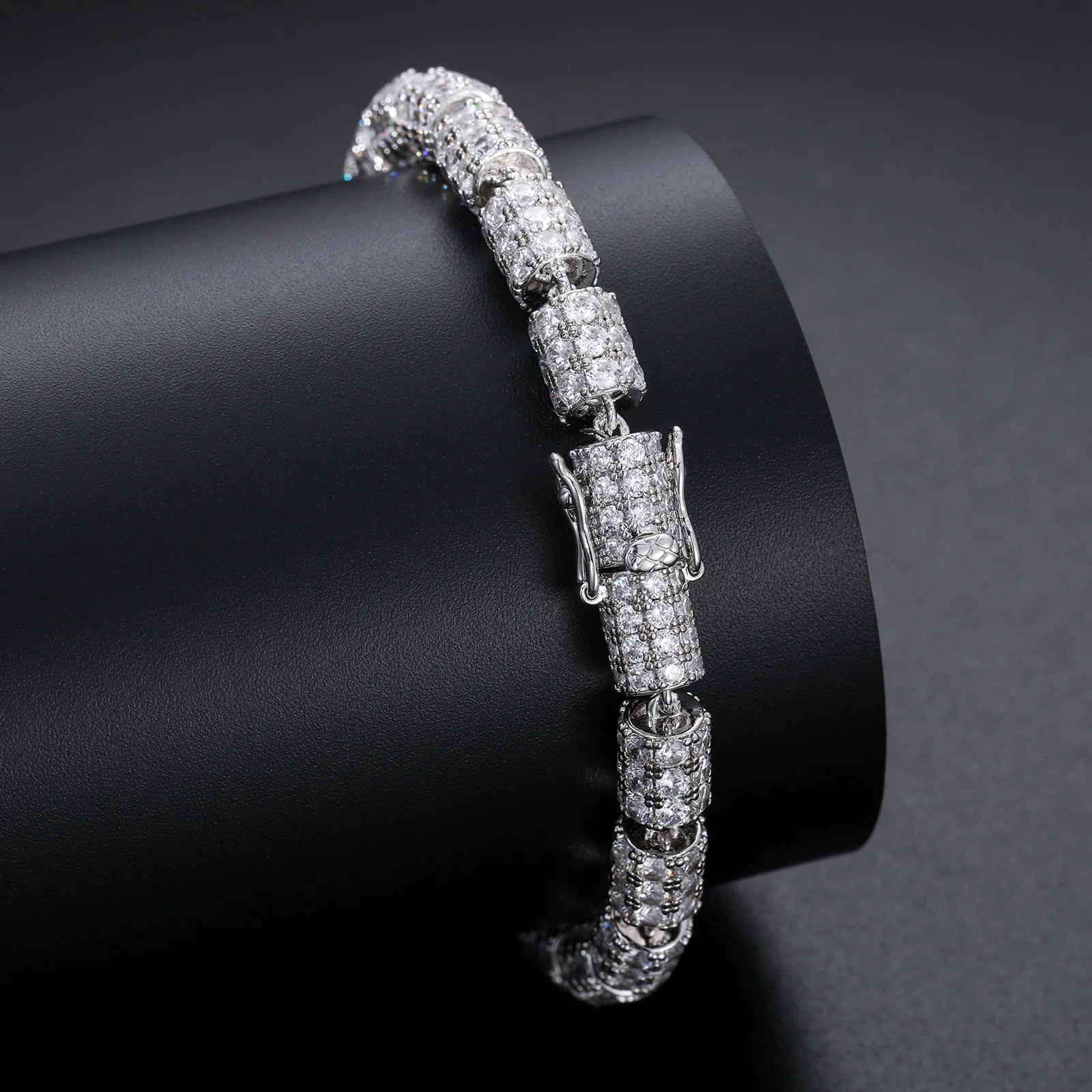 MICRO PAVED MOISSANITE DIAMOND CYLINDER LINK CHAIN BRACELET IN STERLING SILVER - Image 3