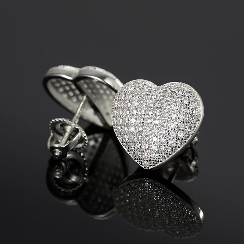 MICRO PAVED MOISSANITE DIAMOND HEART STUD EARRINGS IN STERLING SILVER - Image 3