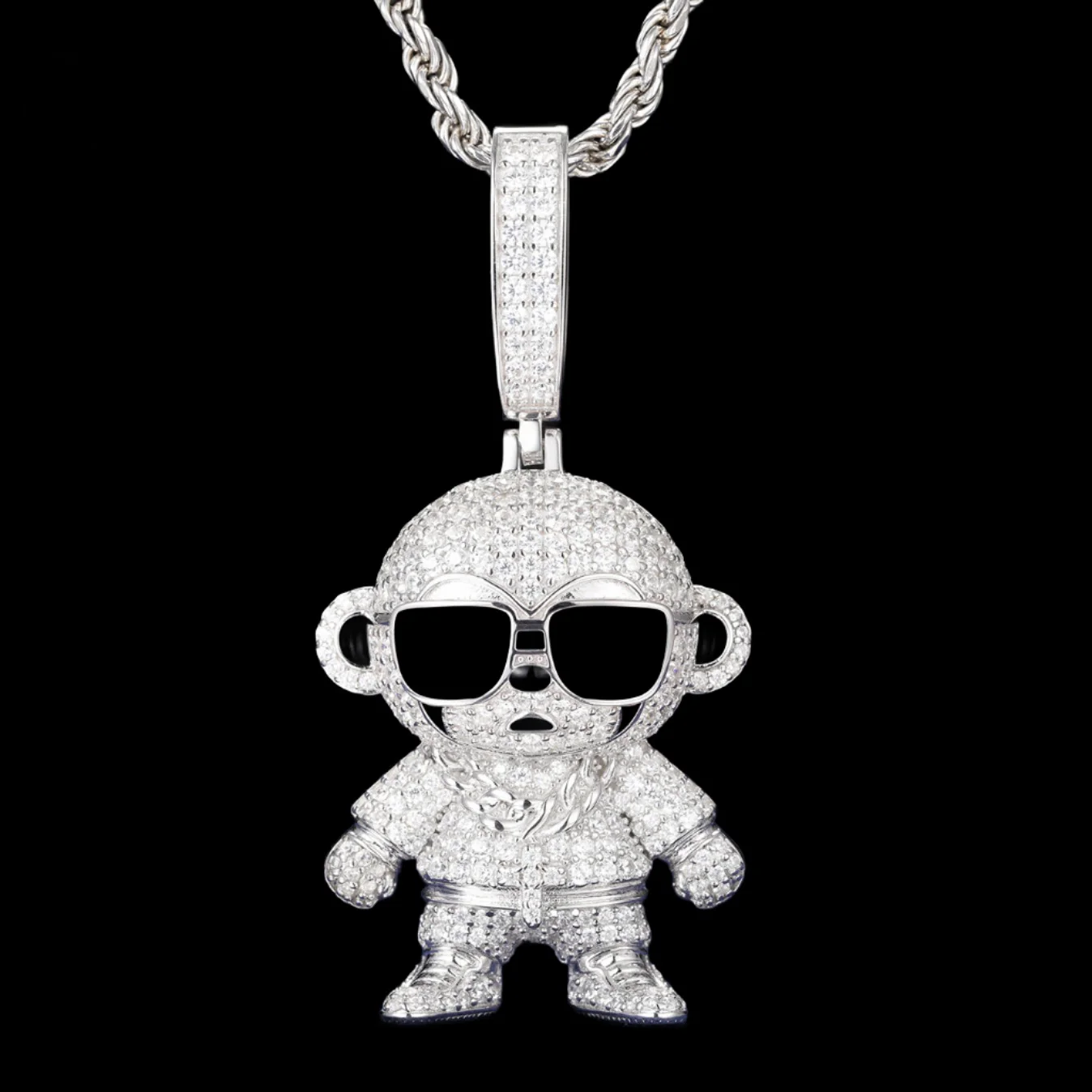 MICRO PAVED MOISSANITE DIAMOND MONKEY PENDANT IN STERLING SILVER