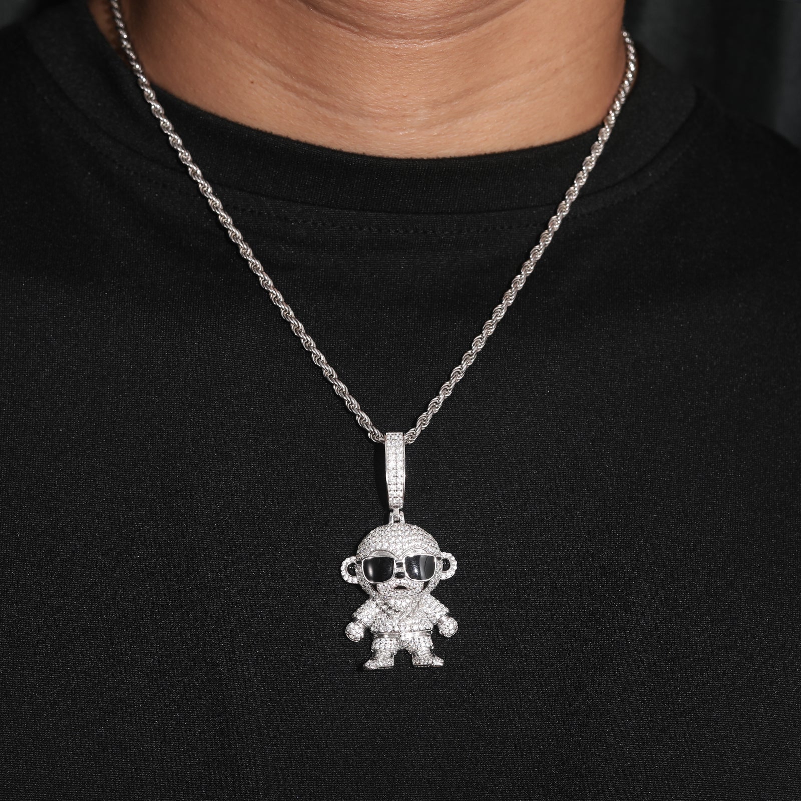 MICRO PAVED MOISSANITE DIAMOND MONKEY PENDANT IN STERLING SILVER - Image 2