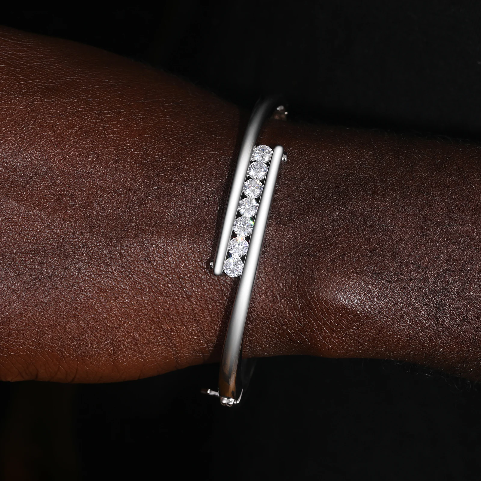 MINIMALIST MOISSANITE PARALLEL LINES BANGLE BRACELET IN STERLING SILVER - Image 2