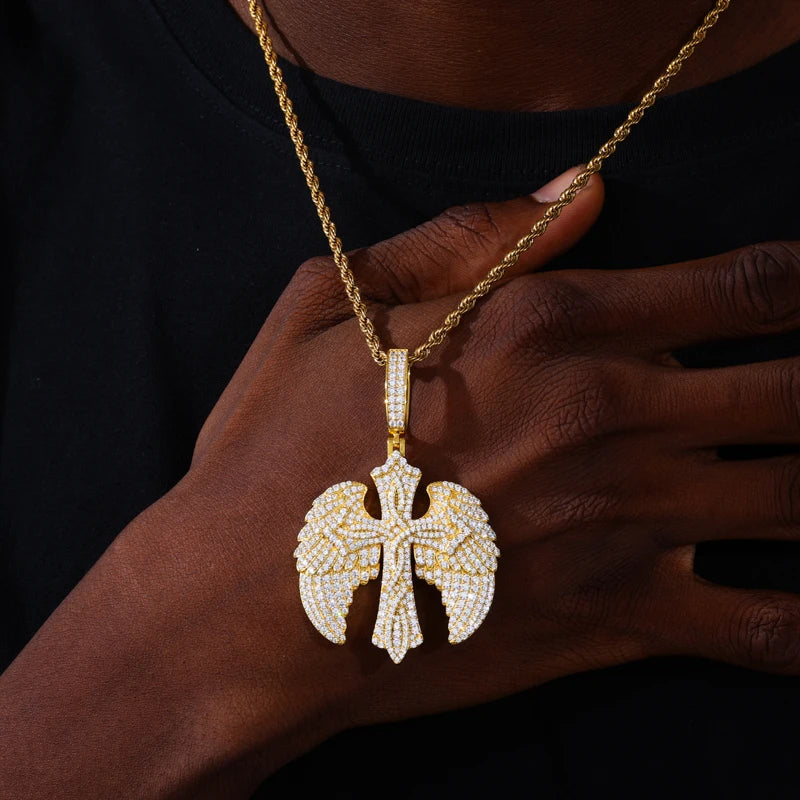 MOISSANITE ANGEL WING CROSS PENDANT IN STERLING SILVER - Image 2