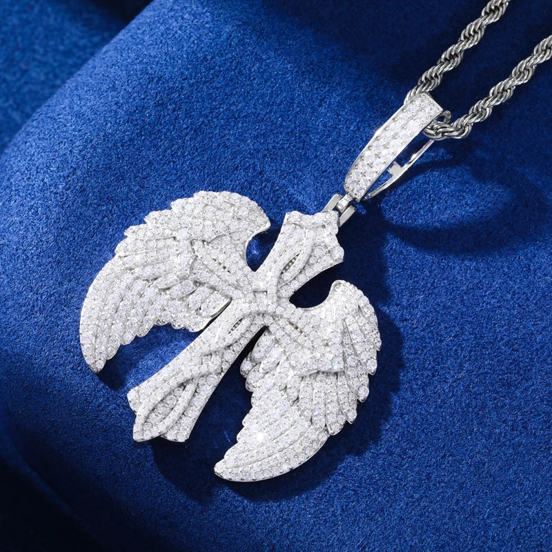 MOISSANITE ANGEL WING CROSS PENDANT IN STERLING SILVER - Image 3