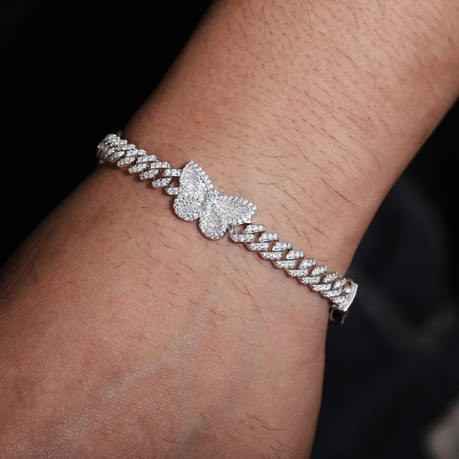 MOISSANITE BAGUETTE BUTTERFLY CHARM CUBAN LINK CHAIN BRACELET IN STERLING SILVER - Image 3