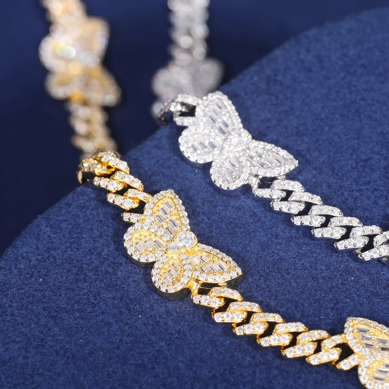 MOISSANITE BAGUETTE BUTTERFLY CHARM CUBAN LINK CHAIN BRACELET IN STERLING SILVER - Image 4