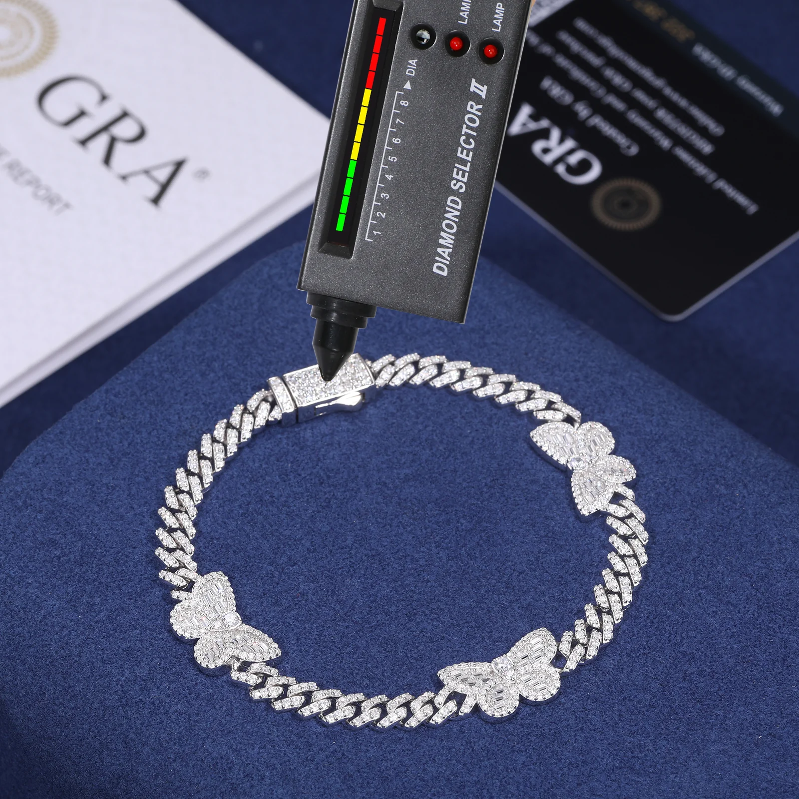 MOISSANITE BAGUETTE BUTTERFLY CHARM CUBAN LINK CHAIN BRACELET IN STERLING SILVER - Image 5