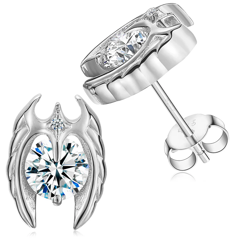 MOISSANITE BAT SYMBOL ENCASED ROUND STUD EARRINGS IN STERLING SILVER - Image 2