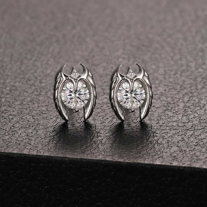MOISSANITE BAT SYMBOL ENCASED ROUND STUD EARRINGS IN STERLING SILVER - Image 3
