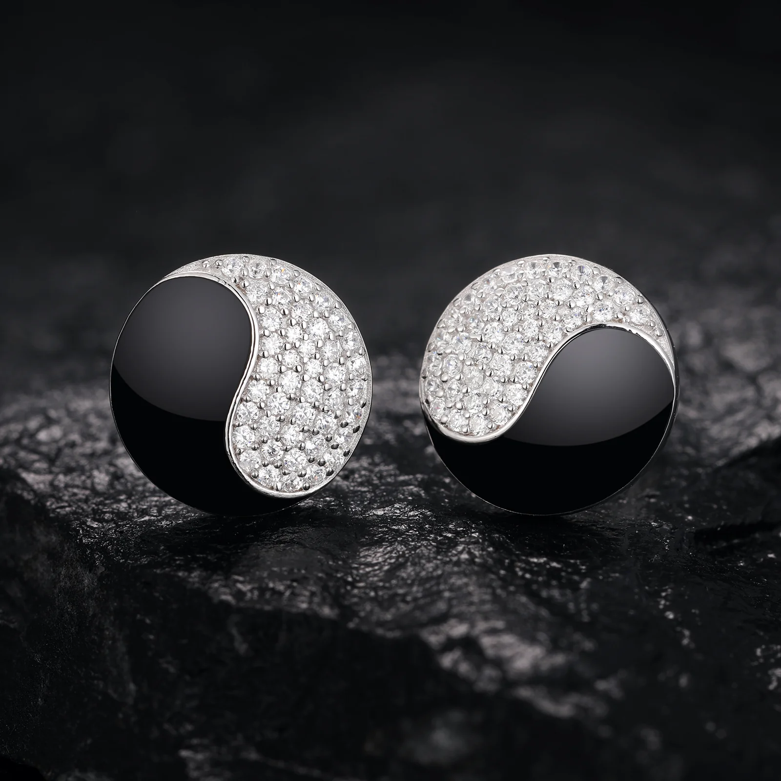 MOISSANITE BLACK ENAMEL YIN-YANG STUD EARRINGS IN STERLING SILVER - Image 2