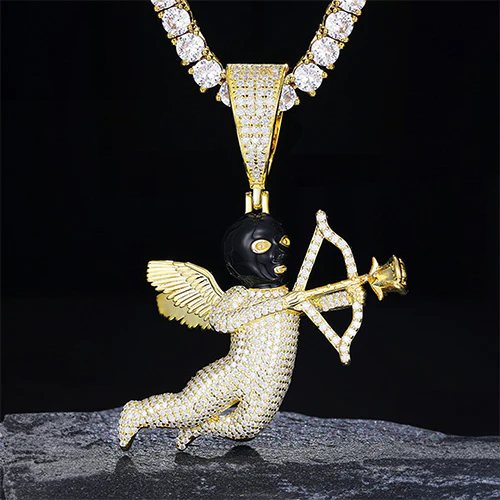 MOISSANITE BLACK MASKED ANGEL CUPID PENDANT IN STERLING SILVER - Image 2