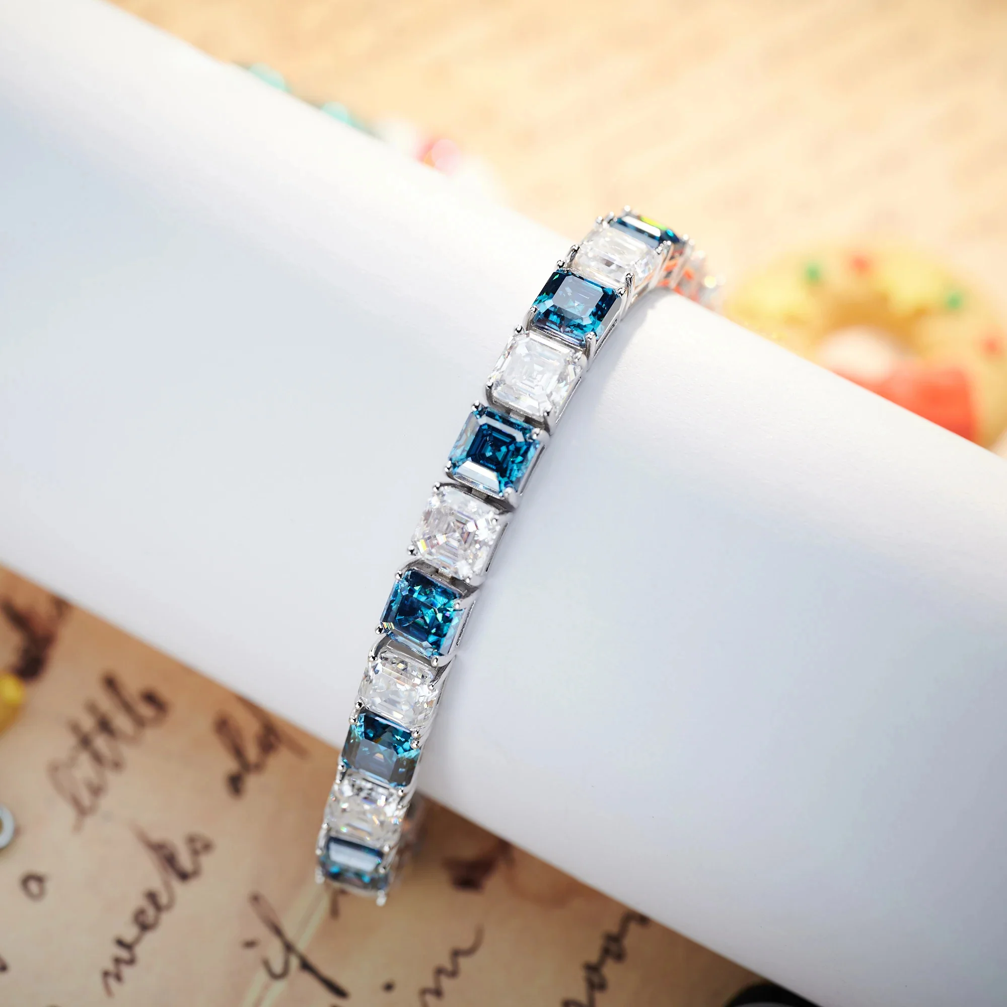 MOISSANITE BLUE & ICE ASSCHER TENNIS BRACELET IN SOLID GOLD - Image 2