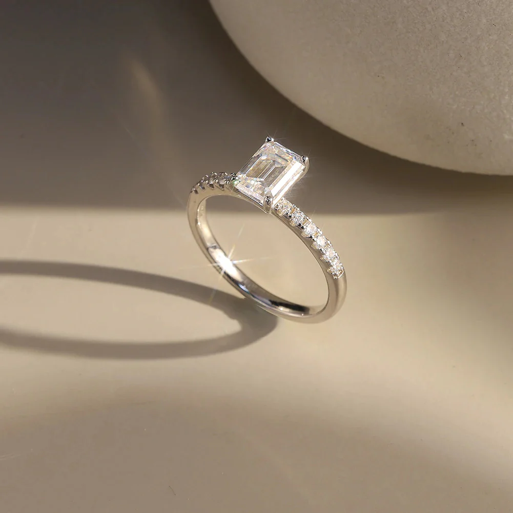MOISSANITE CLASSIC EMERALD PAVÉ RING IN STERLING SILVER