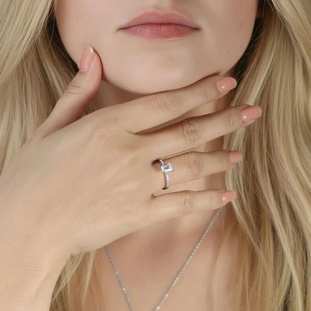 MOISSANITE CLASSIC EMERALD PAVÉ RING IN STERLING SILVER - Image 2