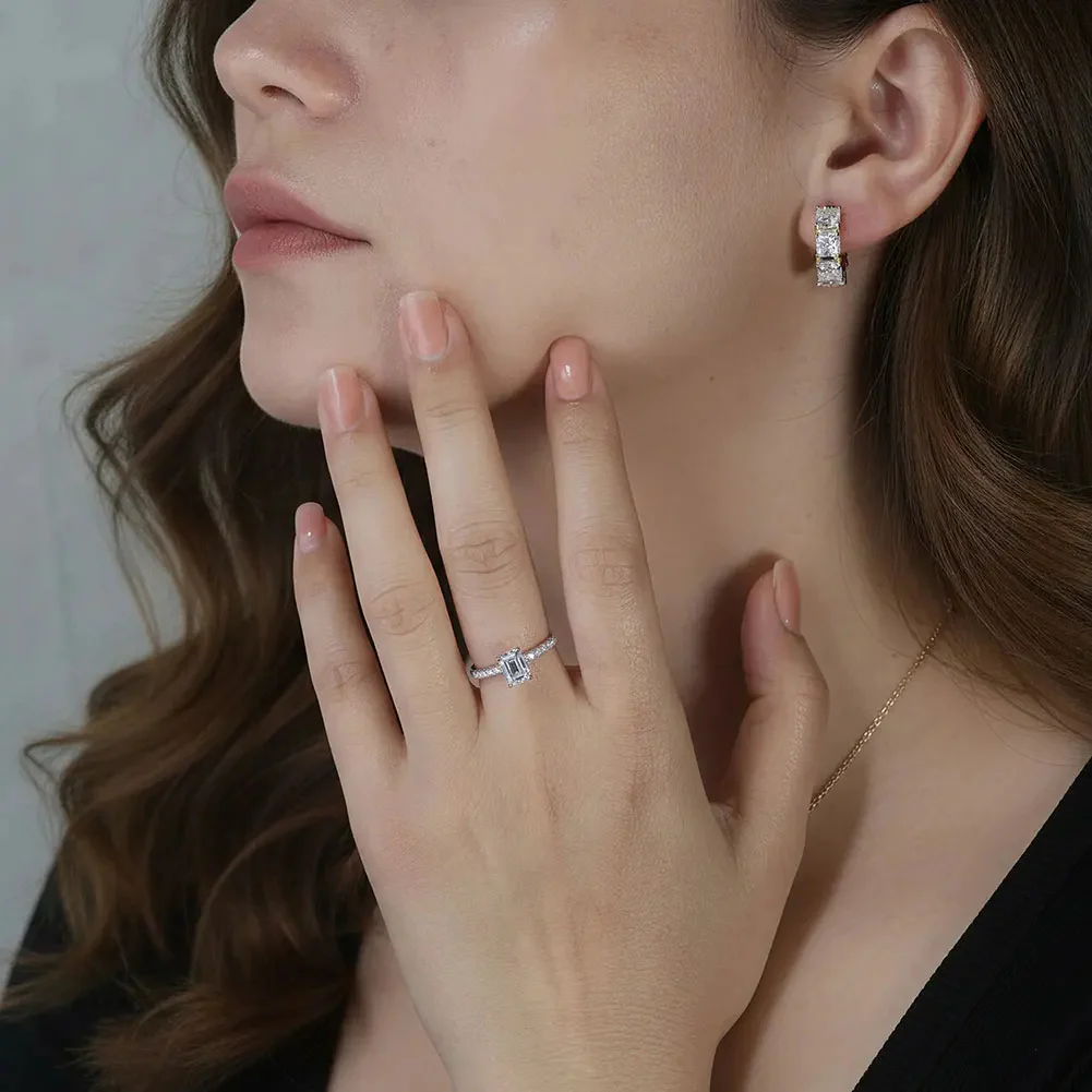 MOISSANITE CLASSIC EMERALD PAVÉ RING IN STERLING SILVER - Image 3