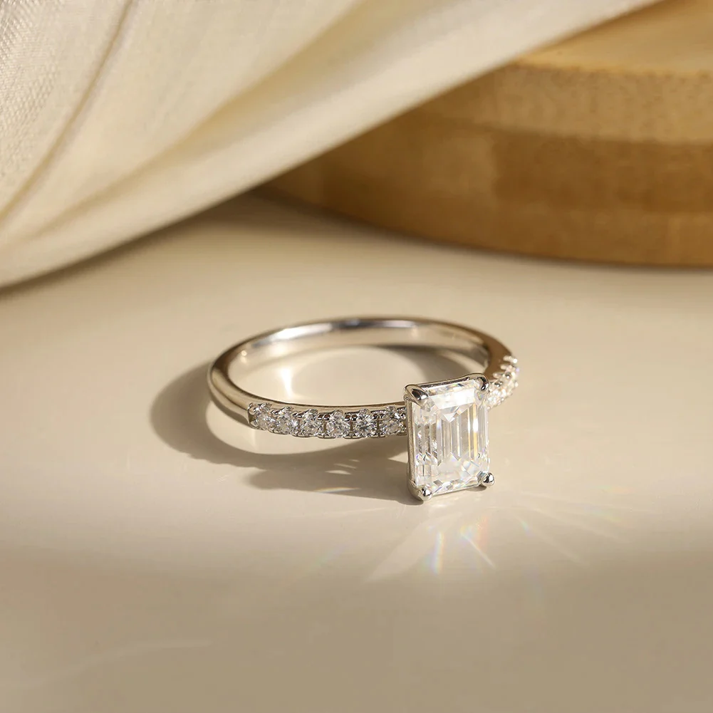MOISSANITE CLASSIC EMERALD PAVÉ RING IN STERLING SILVER - Image 4