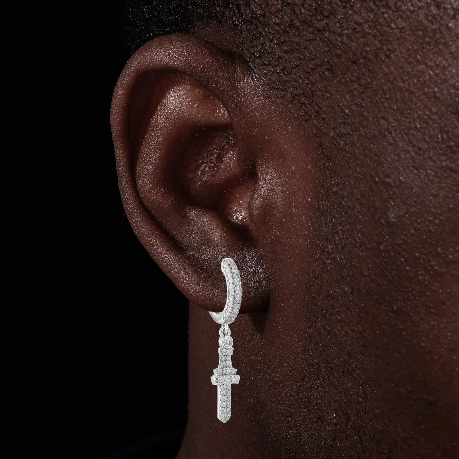 MOISSANITE CROSS DROP HOOP EARRINGS IN STERLING SILVER - Image 2