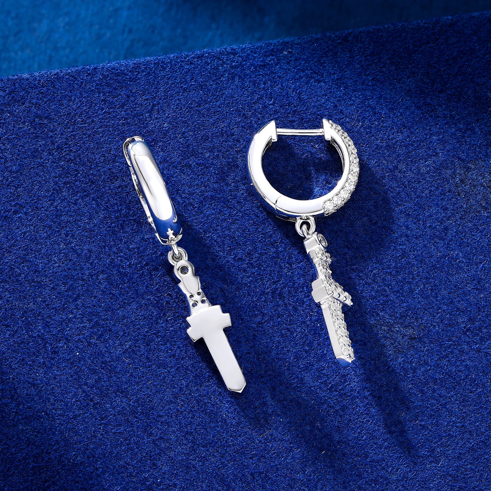 MOISSANITE CROSS DROP HOOP EARRINGS IN STERLING SILVER - Image 3