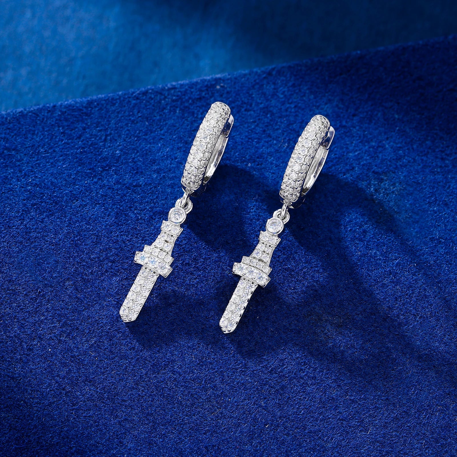 MOISSANITE CROSS DROP HOOP EARRINGS IN STERLING SILVER - Image 4