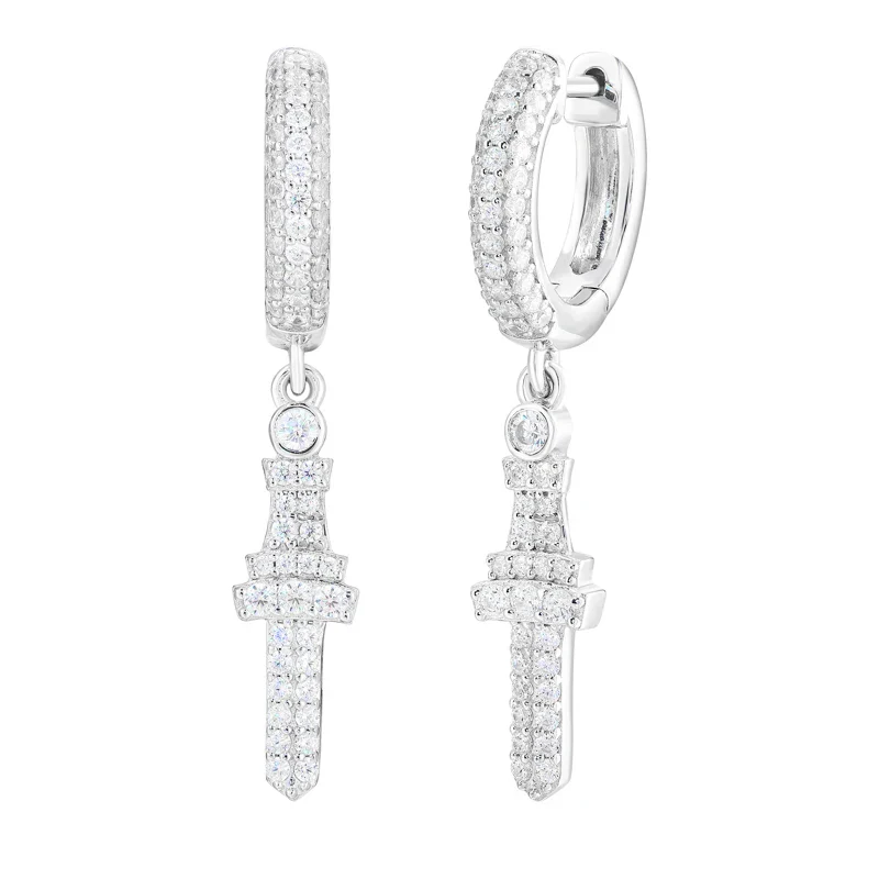 MOISSANITE CROSS DROP HOOP EARRINGS IN STERLING SILVER - Image 6