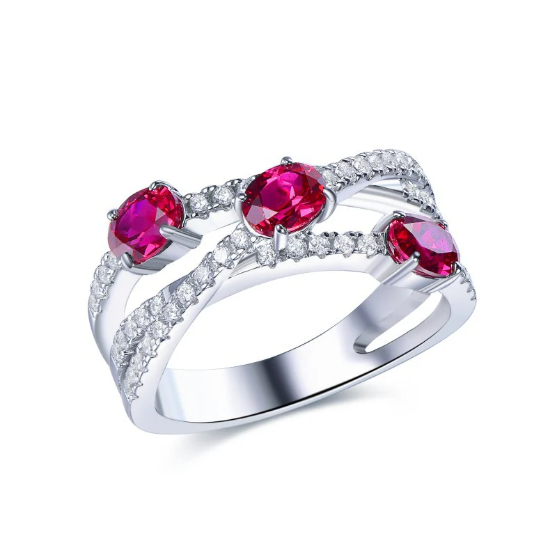 MOISSANITE CROSS GEOMETRIC OVAL CUT RUBY RING IN STERLING SILVER