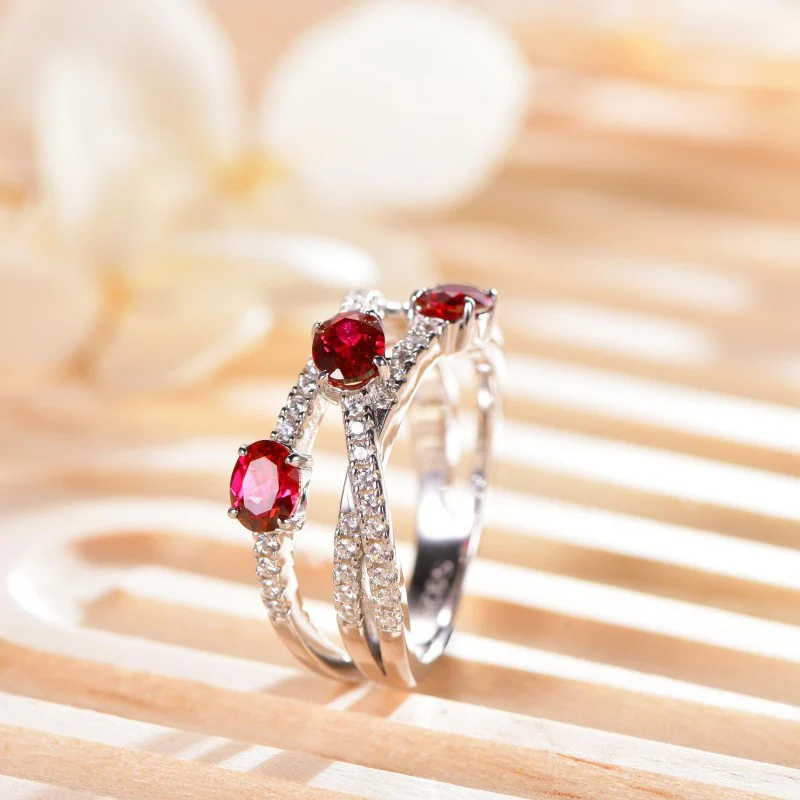MOISSANITE CROSS GEOMETRIC OVAL CUT RUBY RING IN STERLING SILVER - Image 3