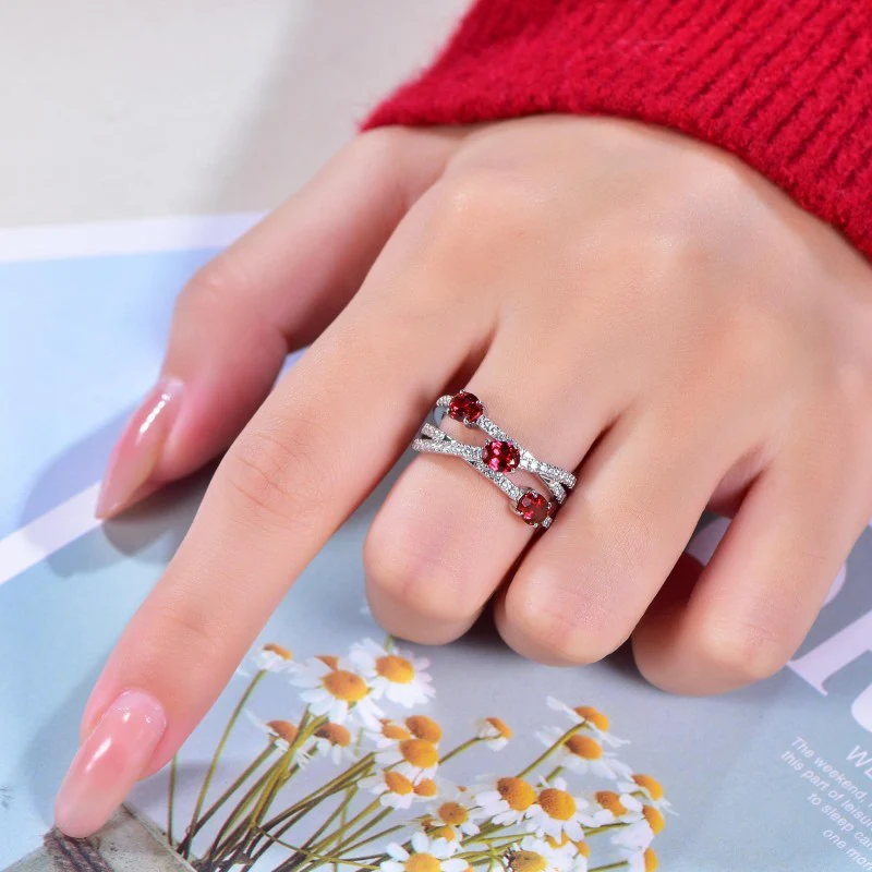 MOISSANITE CROSS GEOMETRIC OVAL CUT RUBY RING IN STERLING SILVER - Image 5