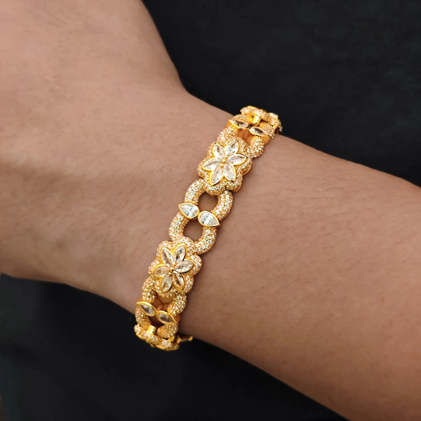 MOISSANITE DIAMOND 12MM FLORAL CUBAN BRACELET IN STERLING SILVER - Image 2