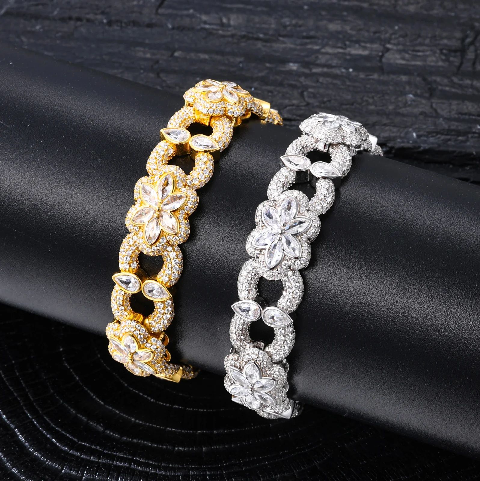 MOISSANITE DIAMOND 12MM FLORAL CUBAN BRACELET IN STERLING SILVER - Image 3