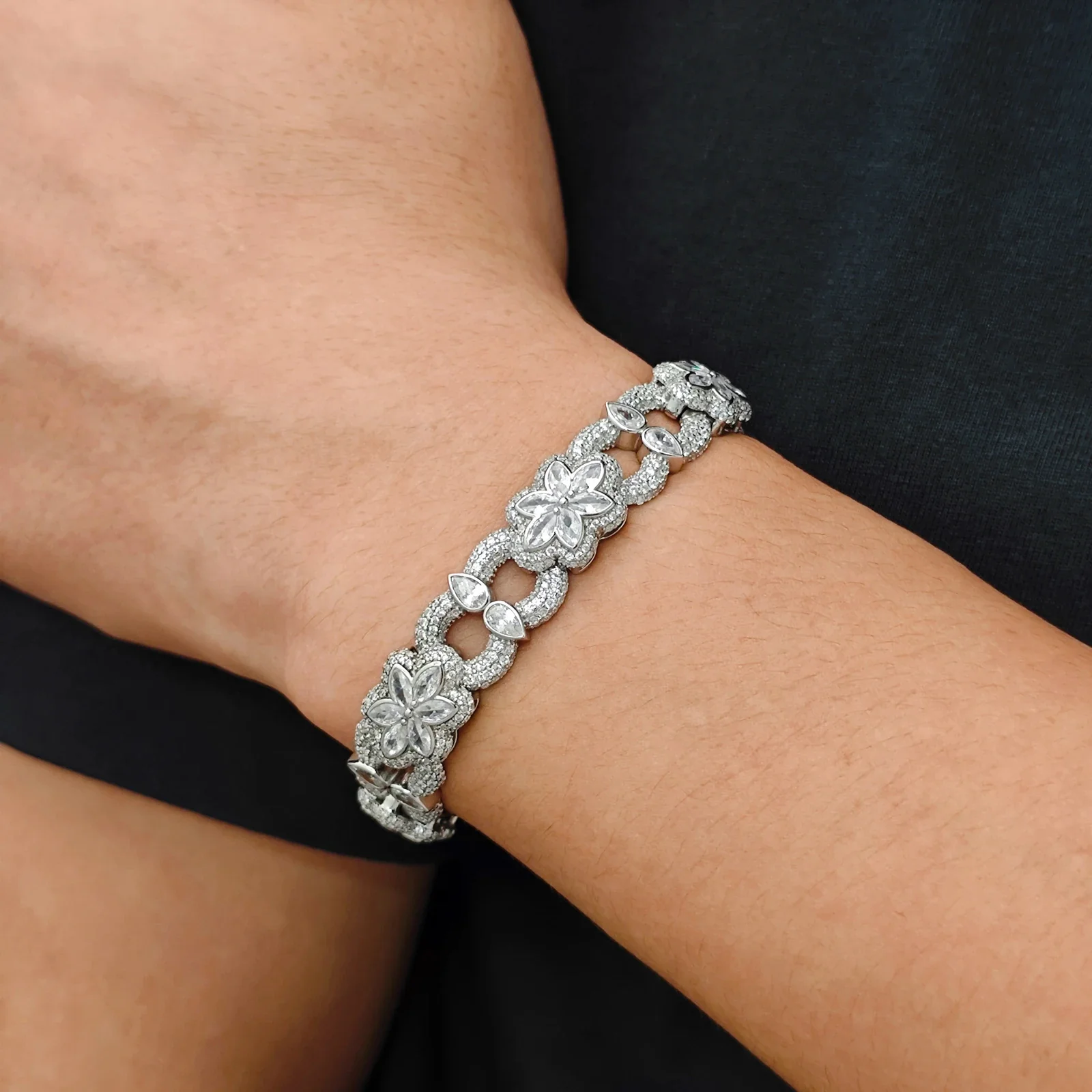 MOISSANITE DIAMOND 12MM FLORAL CUBAN BRACELET IN STERLING SILVER - Image 4