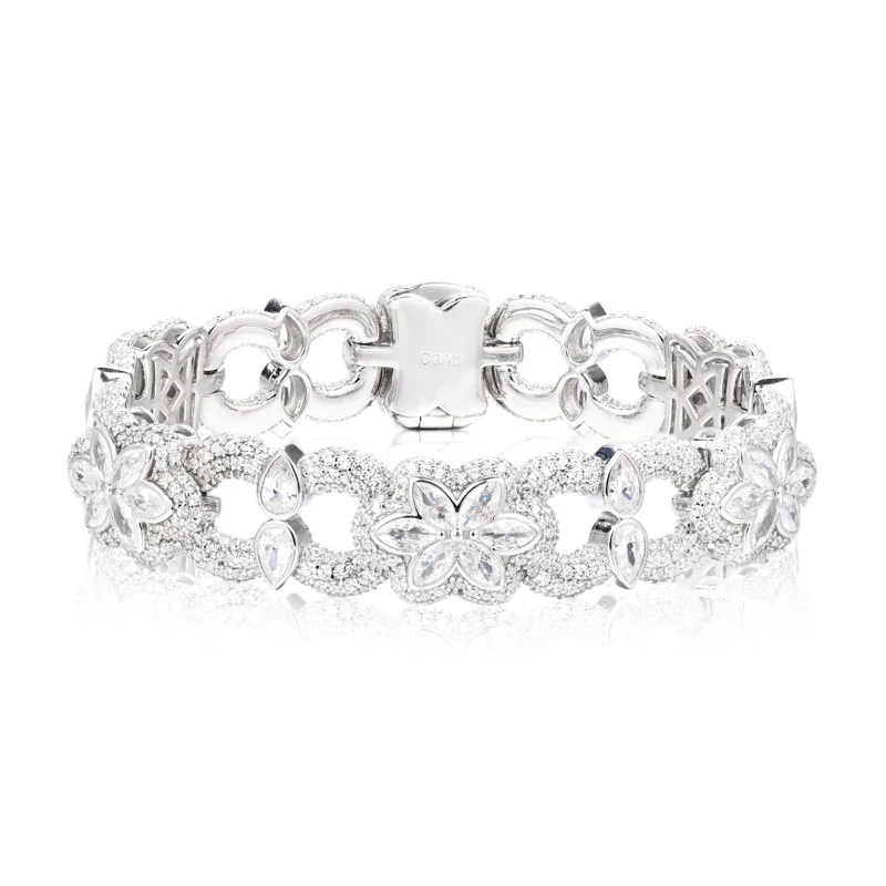 MOISSANITE DIAMOND 12MM FLORAL CUBAN BRACELET IN STERLING SILVER - Image 6