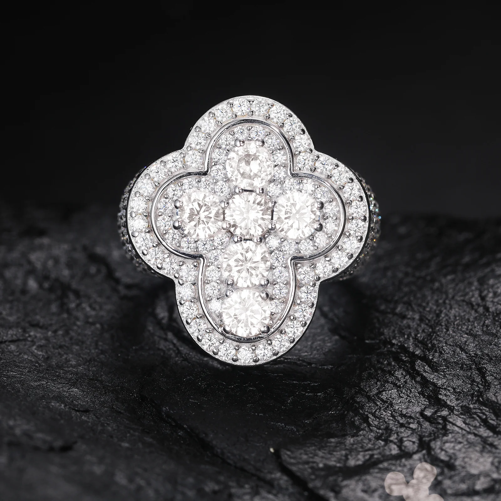 MOISSANITE DIAMOND AND BLUE CZ ICED OUT CROSS RING IN STERLING SILVER - Image 2