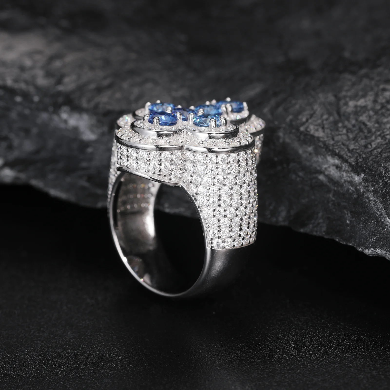 MOISSANITE DIAMOND AND BLUE CZ ICED OUT CROSS RING IN STERLING SILVER - Image 3